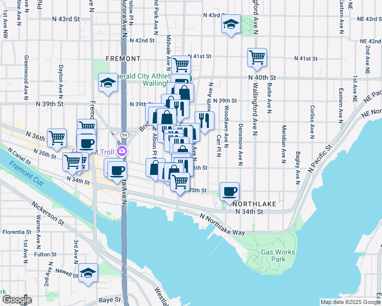 map of restaurants, bars, coffee shops, grocery stores, and more near 3651 Interlake Avenue North in Seattle