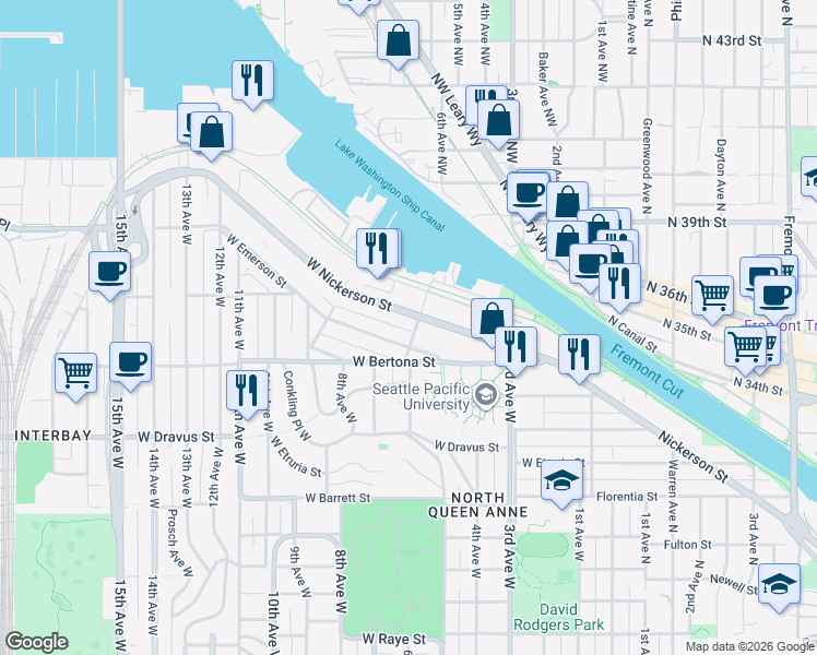 map of restaurants, bars, coffee shops, grocery stores, and more near 626 West Nickerson Street in Seattle
