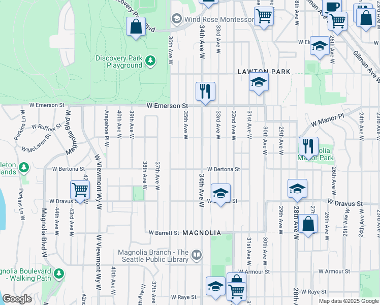 map of restaurants, bars, coffee shops, grocery stores, and more near 3409 West Ruffner Street in Seattle