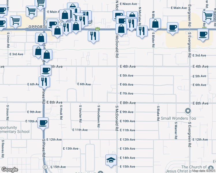 map of restaurants, bars, coffee shops, grocery stores, and more near 612 South McDonald Road in Spokane Valley