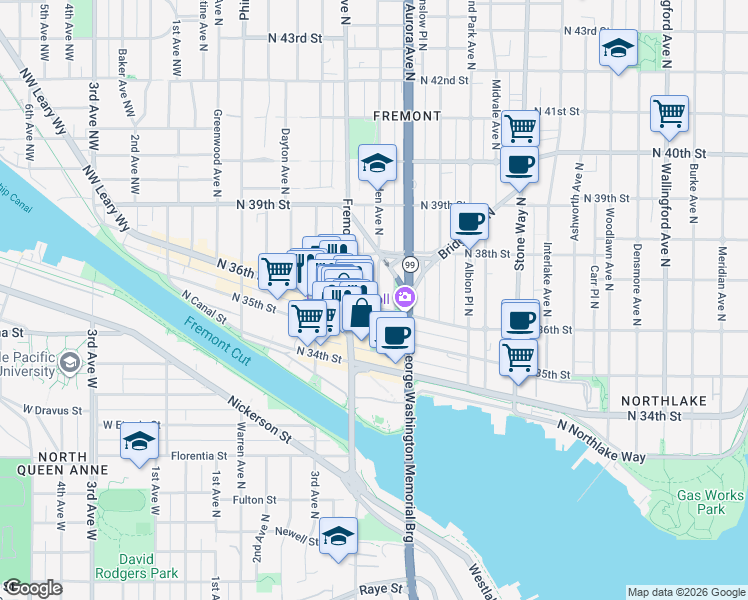 map of restaurants, bars, coffee shops, grocery stores, and more near 3627b Linden Avenue North in Seattle