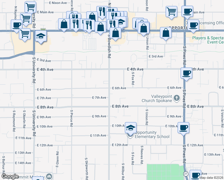map of restaurants, bars, coffee shops, grocery stores, and more near 517 South Bowdish Road in Spokane Valley