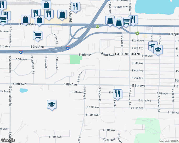 map of restaurants, bars, coffee shops, grocery stores, and more near 6111 East 6th Avenue in Spokane Valley