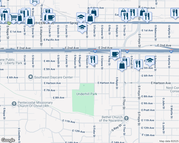 map of restaurants, bars, coffee shops, grocery stores, and more near 424 South Fiske Street in Spokane
