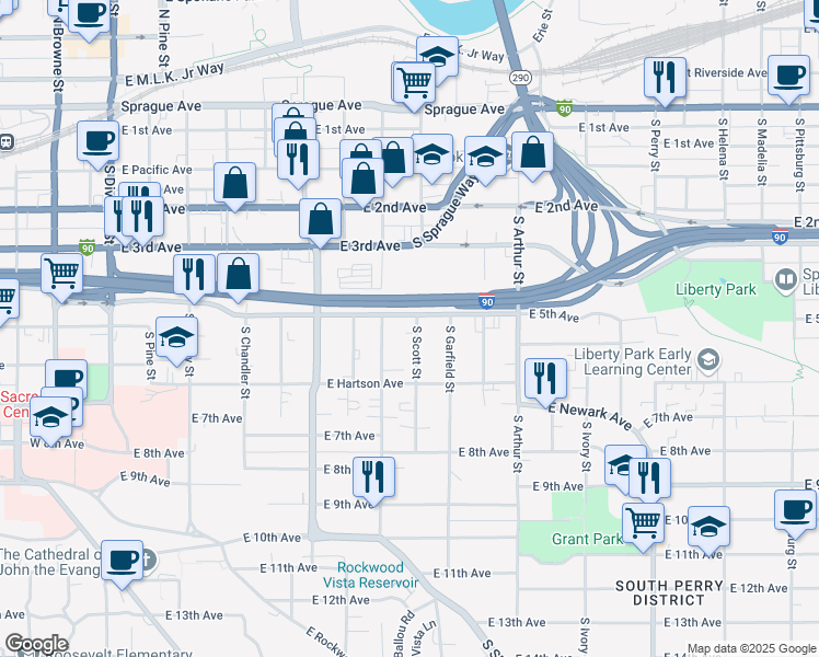 map of restaurants, bars, coffee shops, grocery stores, and more near 812 East 5th Avenue in Spokane