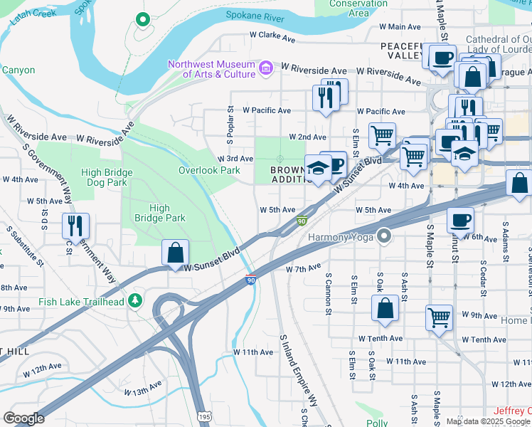 map of restaurants, bars, coffee shops, grocery stores, and more near 418 South Hemlock Street in Spokane