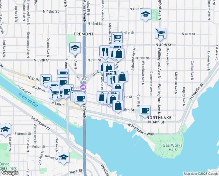 map of restaurants, bars, coffee shops, grocery stores, and more near 3647 Stone Way North in Seattle