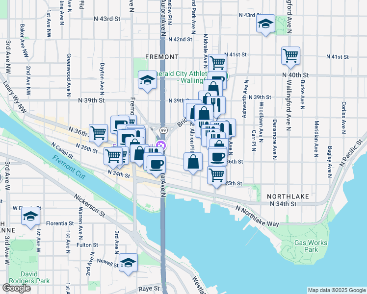 map of restaurants, bars, coffee shops, grocery stores, and more near 3659 Whitman Avenue North in Seattle