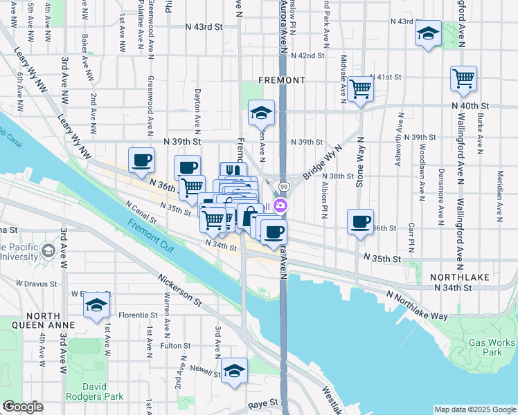 map of restaurants, bars, coffee shops, grocery stores, and more near 3627b Linden Avenue North in Seattle