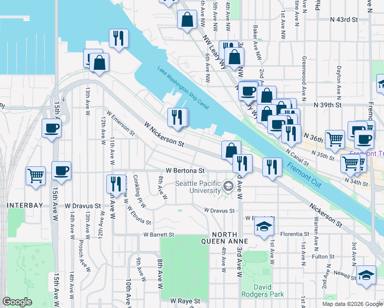 map of restaurants, bars, coffee shops, grocery stores, and more near 626 West Nickerson Street in Seattle