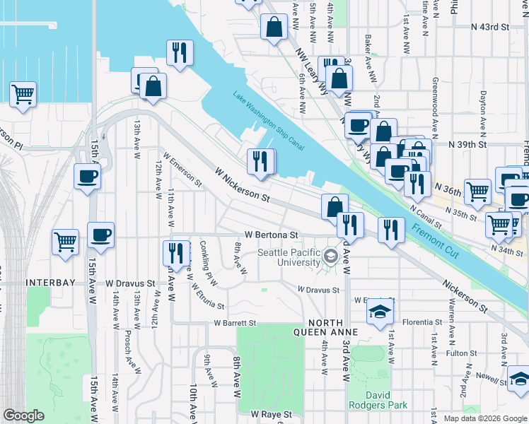 map of restaurants, bars, coffee shops, grocery stores, and more near 626 West Nickerson Street in Seattle