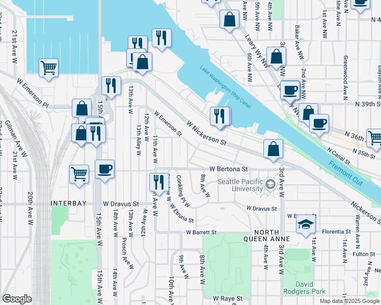 map of restaurants, bars, coffee shops, grocery stores, and more near 814 West Emerson Street in Seattle