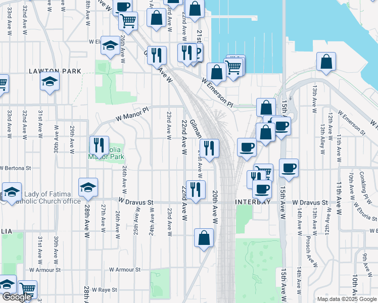 map of restaurants, bars, coffee shops, grocery stores, and more near in Seattle