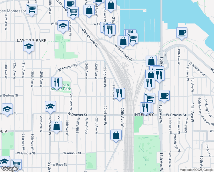 map of restaurants, bars, coffee shops, grocery stores, and more near in Seattle
