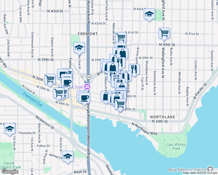 map of restaurants, bars, coffee shops, grocery stores, and more near 3648 Albion Place North in Seattle