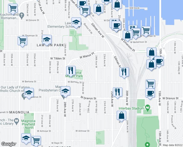 map of restaurants, bars, coffee shops, grocery stores, and more near 3451 24th Avenue West in Seattle