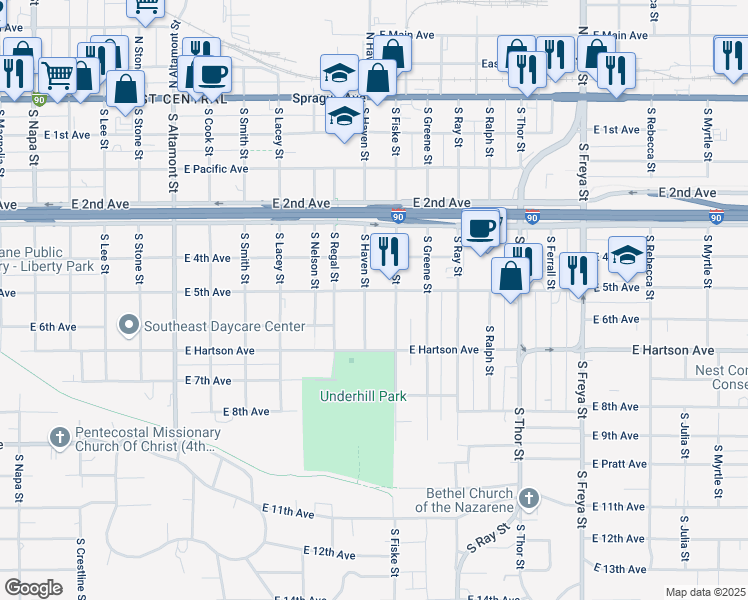 map of restaurants, bars, coffee shops, grocery stores, and more near 424 South Fiske Street in Spokane