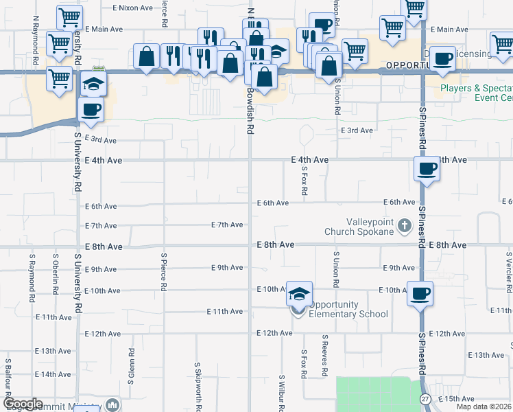 map of restaurants, bars, coffee shops, grocery stores, and more near 517 South Bowdish Road in Spokane Valley