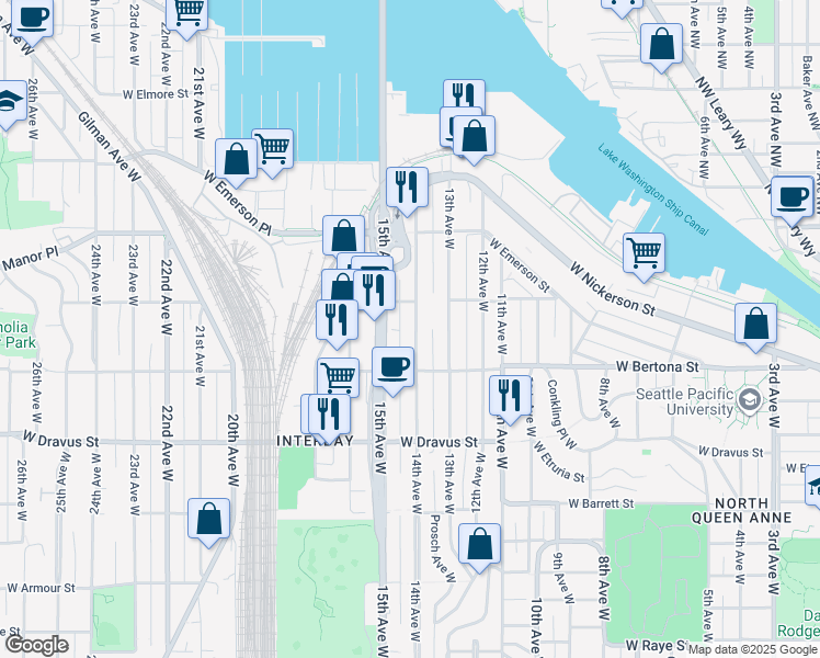 map of restaurants, bars, coffee shops, grocery stores, and more near 3456 14th Avenue West in Seattle