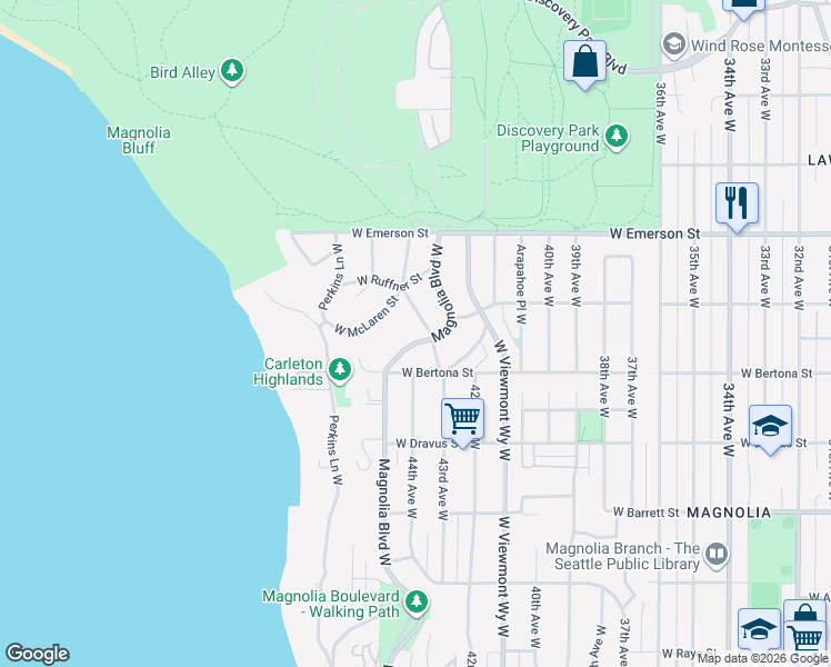 map of restaurants, bars, coffee shops, grocery stores, and more near 3449 Magnolia Boulevard West in Seattle