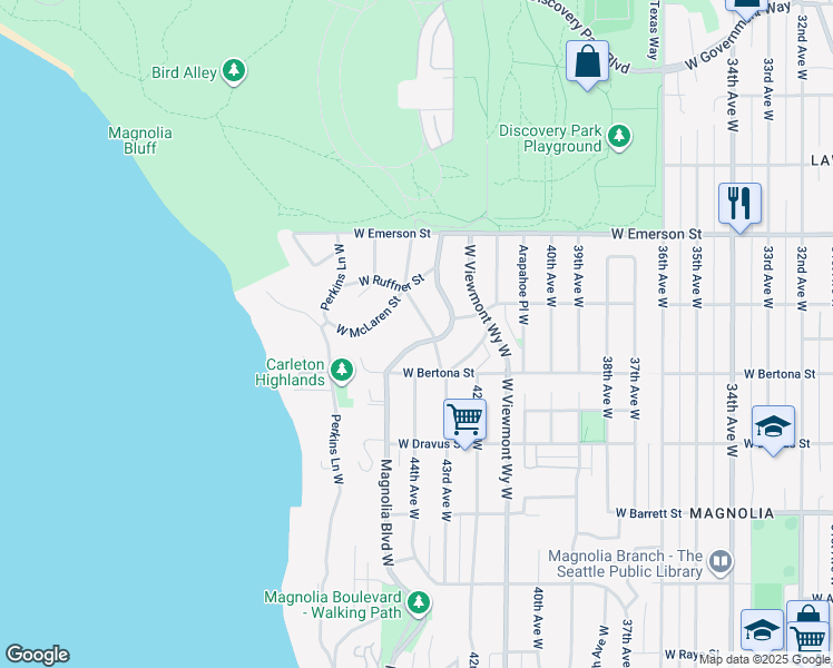 map of restaurants, bars, coffee shops, grocery stores, and more near 3449 Magnolia Boulevard West in Seattle
