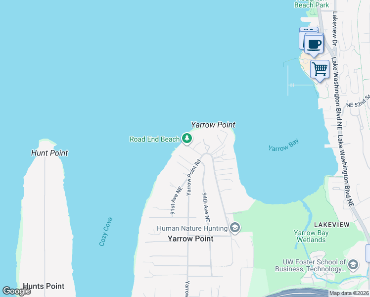 map of restaurants, bars, coffee shops, grocery stores, and more near 9015 Northeast 47th Street in Yarrow Point