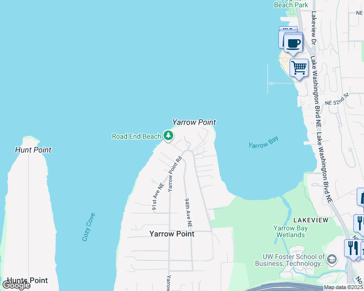 map of restaurants, bars, coffee shops, grocery stores, and more near 9100 Northeast 47th Street in Yarrow Point