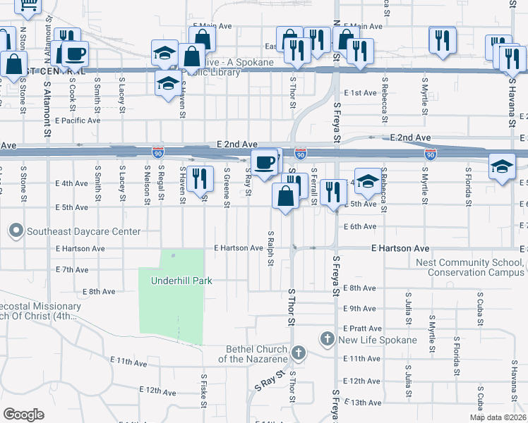 map of restaurants, bars, coffee shops, grocery stores, and more near 400 South Thor Street in Spokane