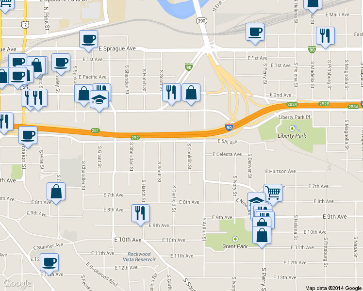 map of restaurants, bars, coffee shops, grocery stores, and more near 914 East 5th Avenue in Spokane