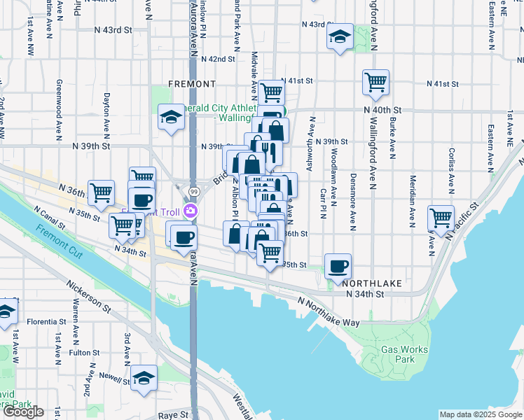 map of restaurants, bars, coffee shops, grocery stores, and more near 3647 Stone Way North in Seattle