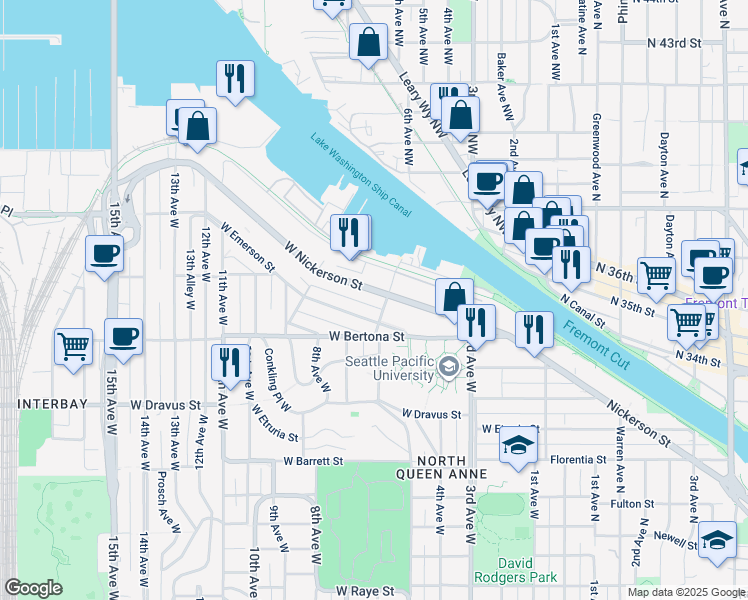 map of restaurants, bars, coffee shops, grocery stores, and more near 626 West Nickerson Street in Seattle