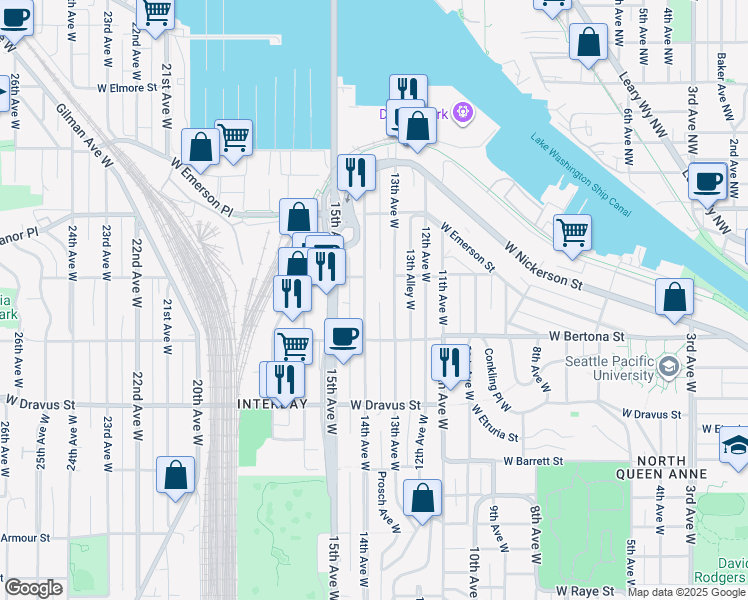 map of restaurants, bars, coffee shops, grocery stores, and more near 3456 14th Avenue West in Seattle