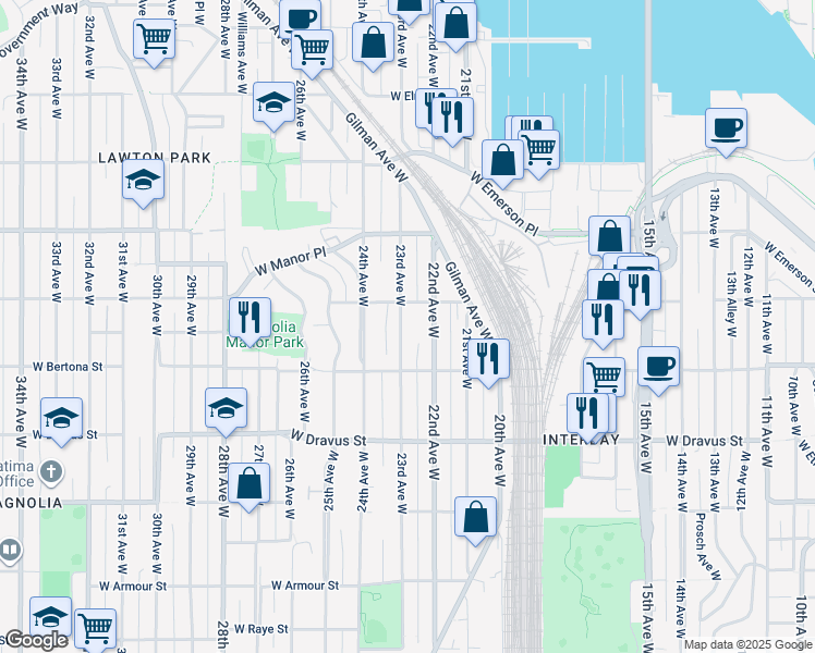 map of restaurants, bars, coffee shops, grocery stores, and more near in Seattle