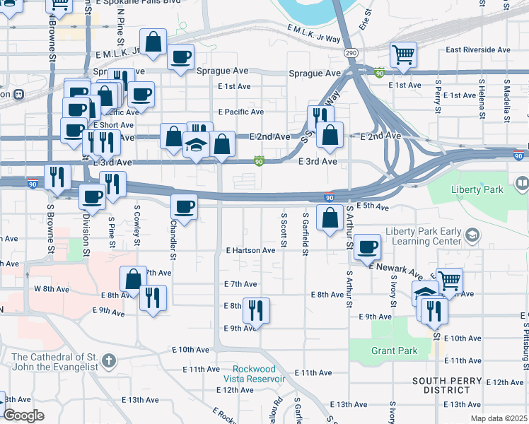 map of restaurants, bars, coffee shops, grocery stores, and more near 620 East 5th Avenue in Spokane