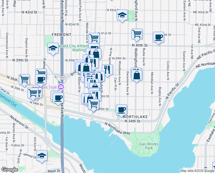 map of restaurants, bars, coffee shops, grocery stores, and more near 3633 Ashworth Avenue North in Seattle