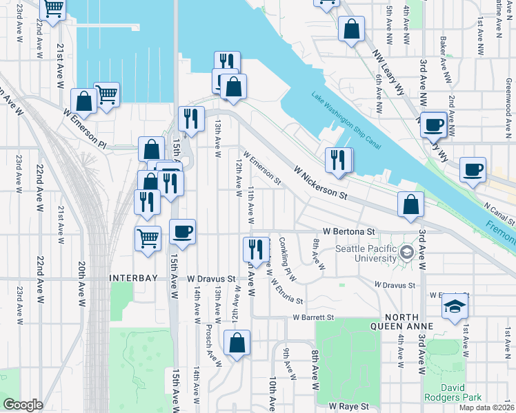 map of restaurants, bars, coffee shops, grocery stores, and more near 3448 11th Avenue West in Seattle