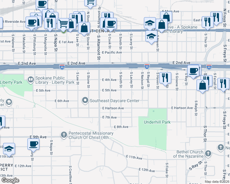 map of restaurants, bars, coffee shops, grocery stores, and more near 2514 East 5th Avenue in Spokane