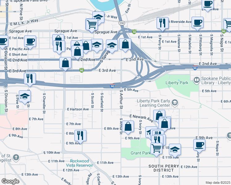map of restaurants, bars, coffee shops, grocery stores, and more near 954 East 5th Avenue in Spokane