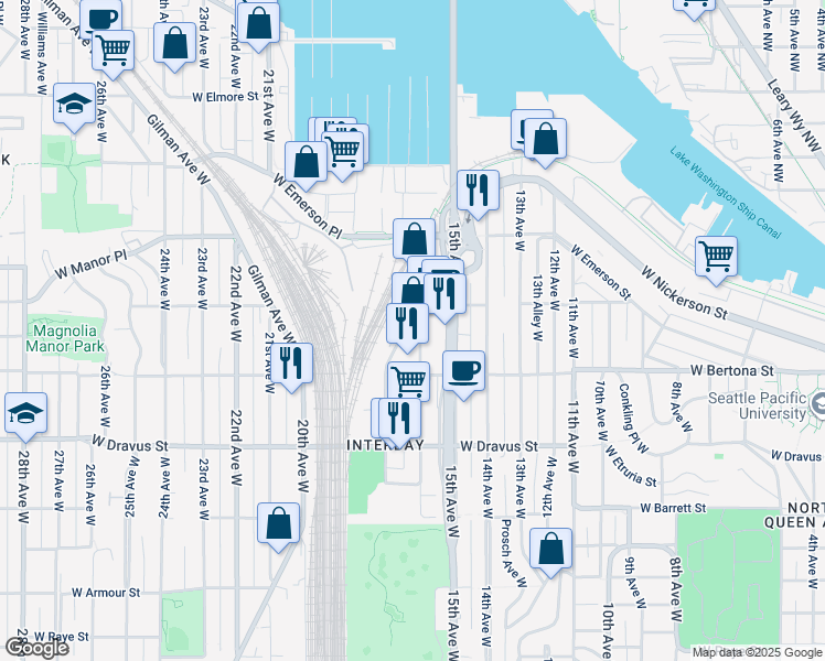 map of restaurants, bars, coffee shops, grocery stores, and more near 3450 16th Avenue West in Seattle