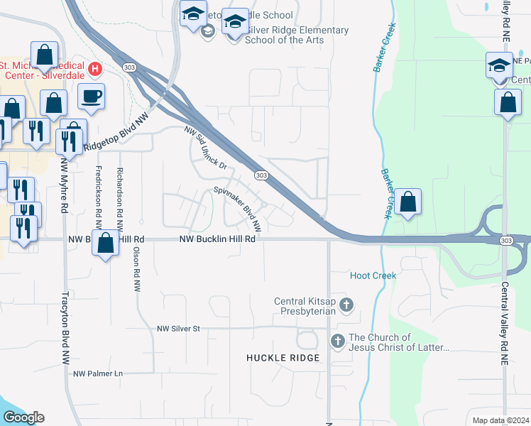 map of restaurants, bars, coffee shops, grocery stores, and more near 1140 Northwest Windy Beach Lane in Silverdale