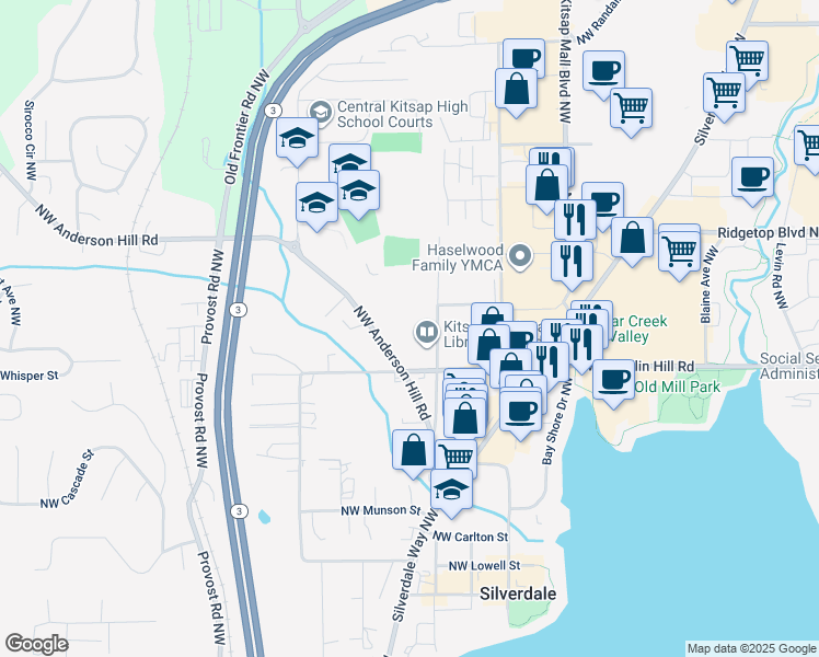 map of restaurants, bars, coffee shops, grocery stores, and more near 3700 Northwest Anderson Hill Road in Silverdale
