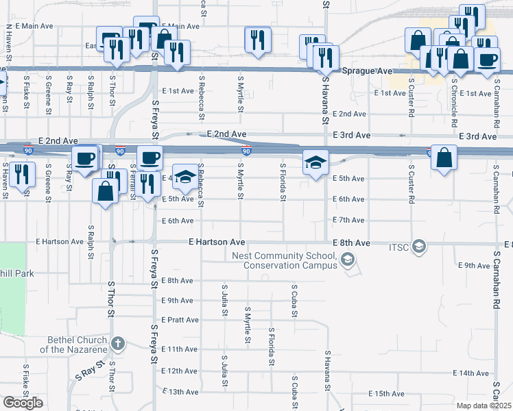 map of restaurants, bars, coffee shops, grocery stores, and more near 4033 East 5th Avenue in Spokane