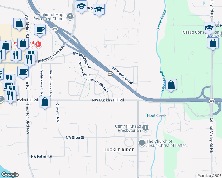 map of restaurants, bars, coffee shops, grocery stores, and more near 1144 Northwest Windy Beach Lane in Silverdale