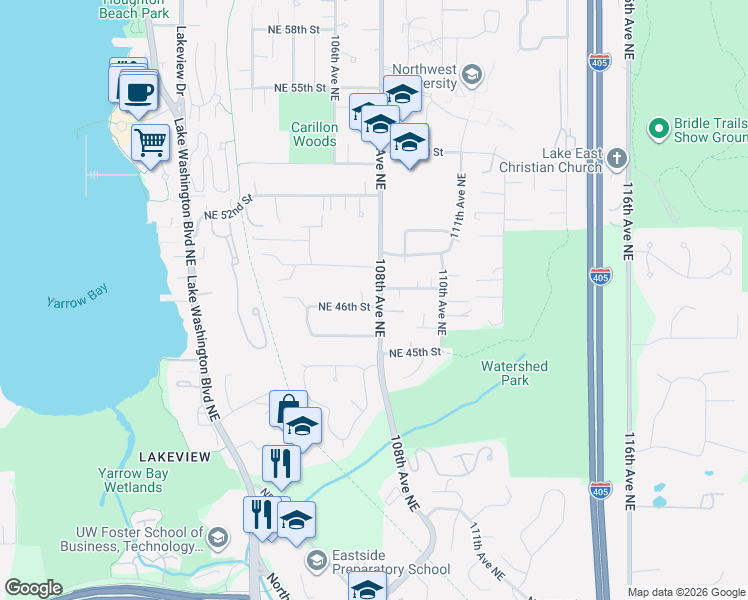 map of restaurants, bars, coffee shops, grocery stores, and more near 4605 108th Avenue Northeast in Kirkland