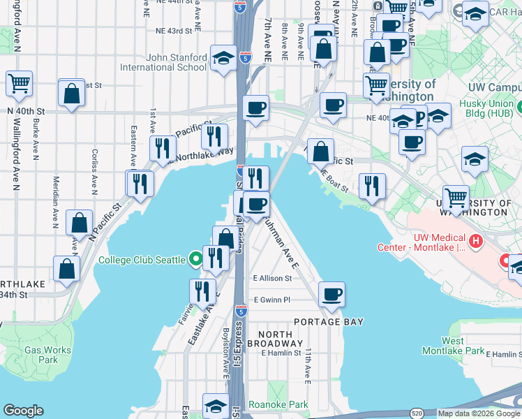 map of restaurants, bars, coffee shops, grocery stores, and more near Eastlake Avenue East & Fuhrman Avenue East in Seattle