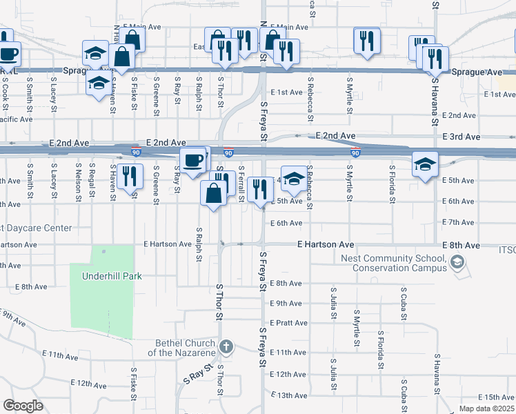 map of restaurants, bars, coffee shops, grocery stores, and more near 421 South Ferrall Street in Spokane