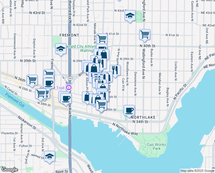 map of restaurants, bars, coffee shops, grocery stores, and more near 3651 Interlake Avenue North in Seattle