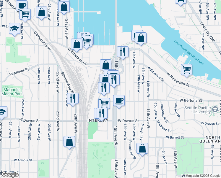 map of restaurants, bars, coffee shops, grocery stores, and more near 3450 16th Avenue West in Seattle