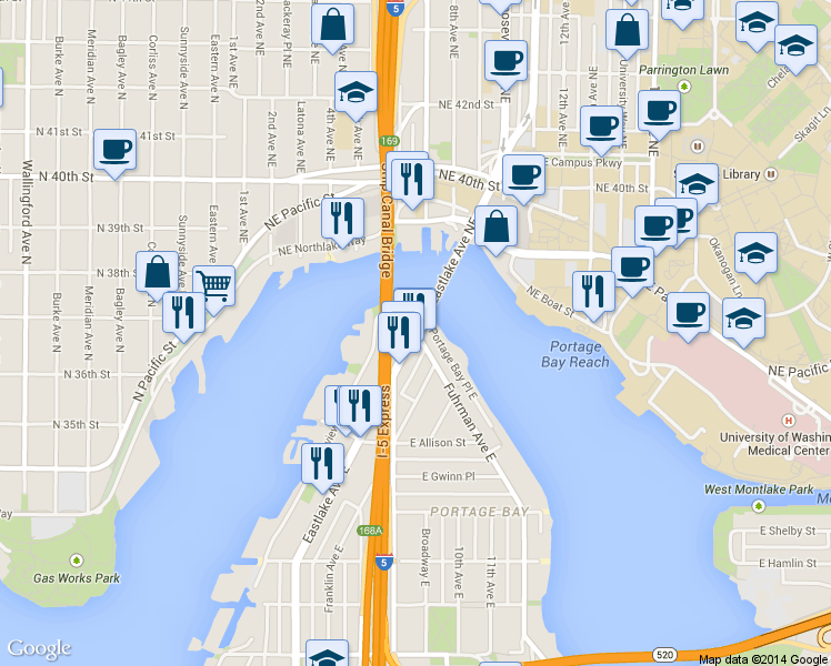 map of restaurants, bars, coffee shops, grocery stores, and more near Eastlake Ave NE & Fuhrman Ave E in Seattle