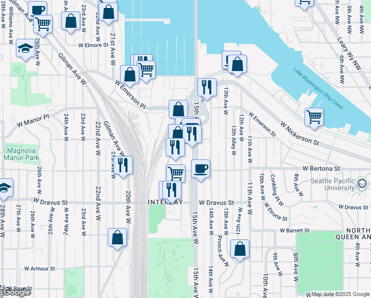 map of restaurants, bars, coffee shops, grocery stores, and more near 3450 16th Avenue West in Seattle